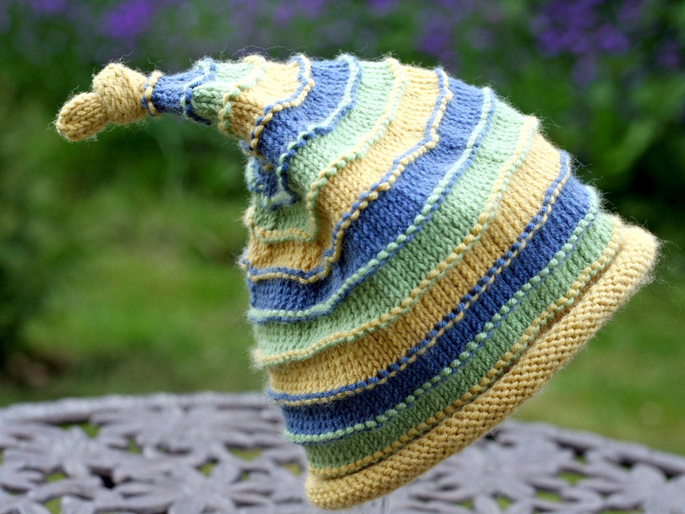 Hand knit Baby Pixie Hat Size 3-9 months - Yellow, Blue & Green Stripes, Ready to Ship, UK Seller
