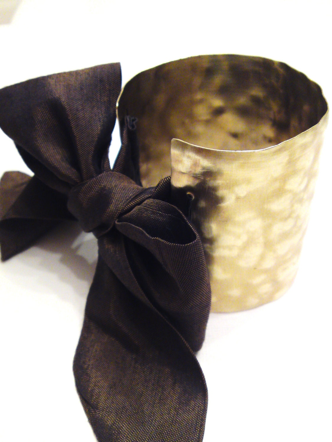 Handmade brass bracelet with brown silk ribbon-ready to ship