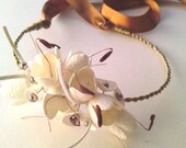 Pure silk cocoon flower and swarovski bridal wreath - hair fascinator- bridal hair accessories-ready to ship