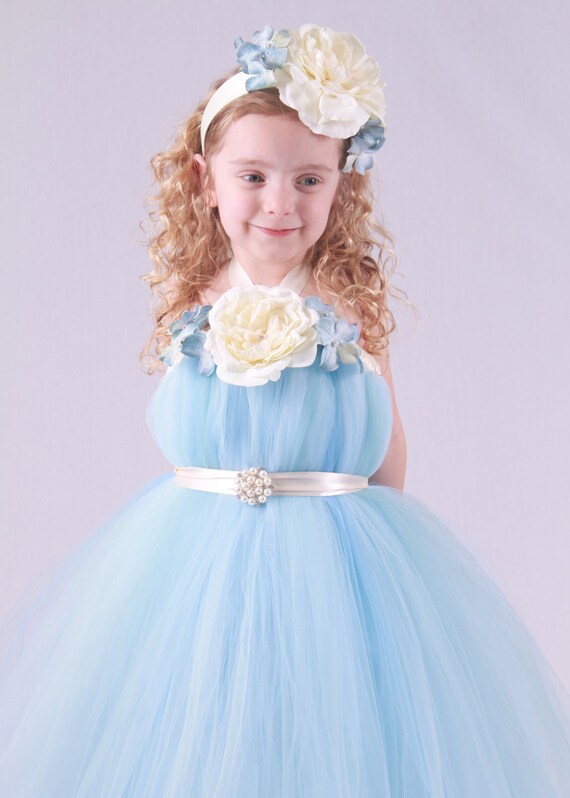 Flower Girl Tutu Dress - Baby Blue & Ivory - Splendid Sky - 5-6 Youth Girl Il_570xn
