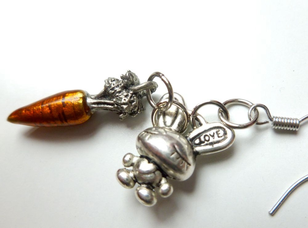 Chibi Bunny Love Carrot Silver Charm Earrings Kawaii