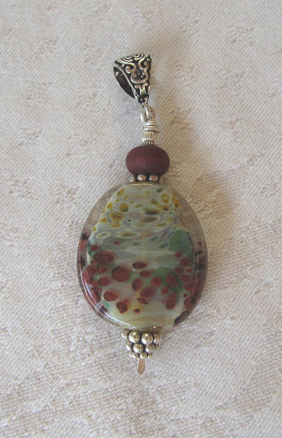 Organic Green and Brown Glass Pendant, Distinctive Artisan Bead That Mimics Nature, Lots of Sterling Accents, Large Pendant - JemsbyJoan