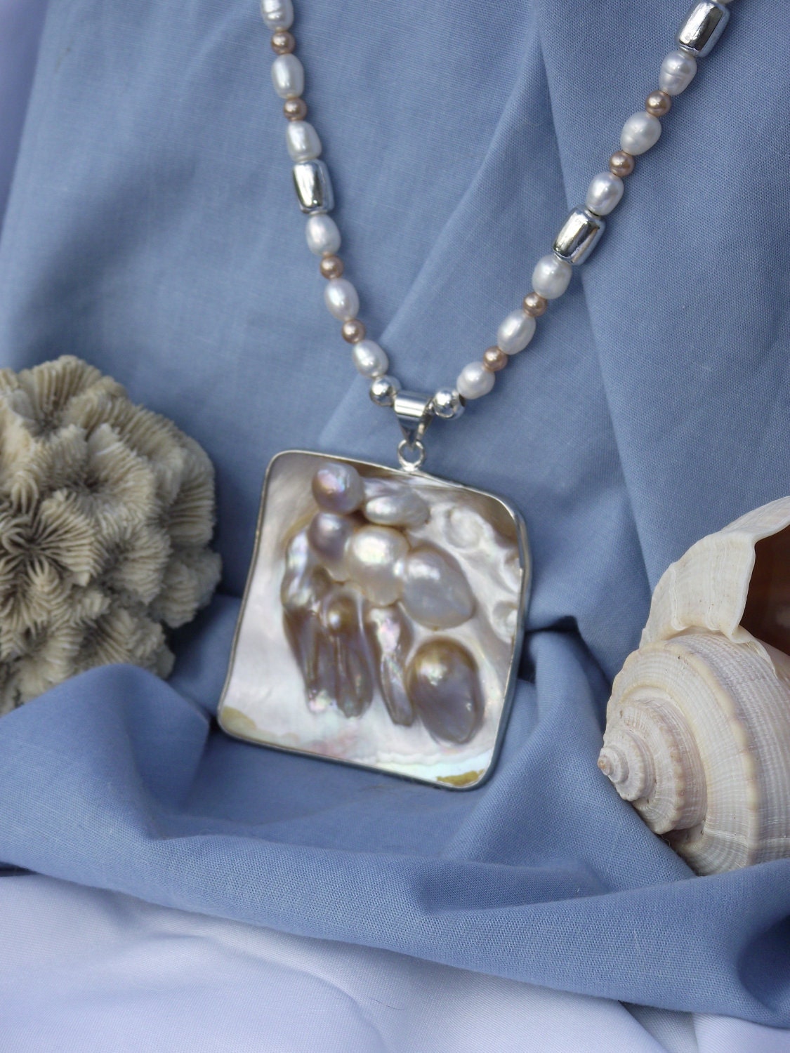 RESERVED for Diane - Mother of Pearl Blister Shell Pendant on Multi Pearl Silver Necklace