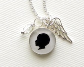 Angel Baby Necklace in Small Sterling Pendant with clear crystal dangle and sterling silver angel wing charm for Mother
