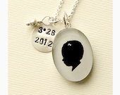 Custom Child or Pet Sterling Oval Silhouette Necklace with Round Stamped Charm and Birthstone or Pearl Dangle