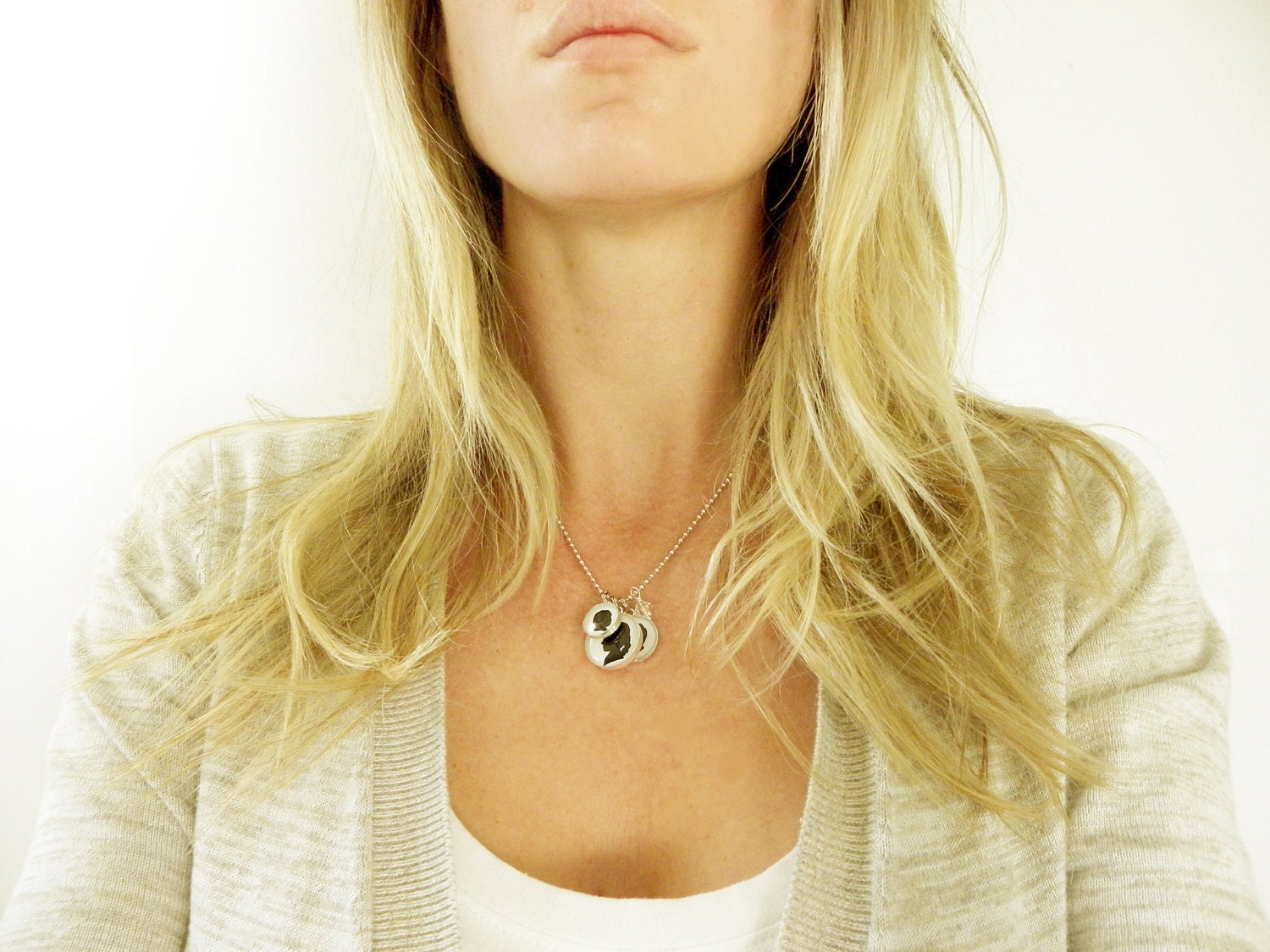 Two Sterling Pendant Necklace with Custom Silhouettes and Birthstones for Mother or Grandmother