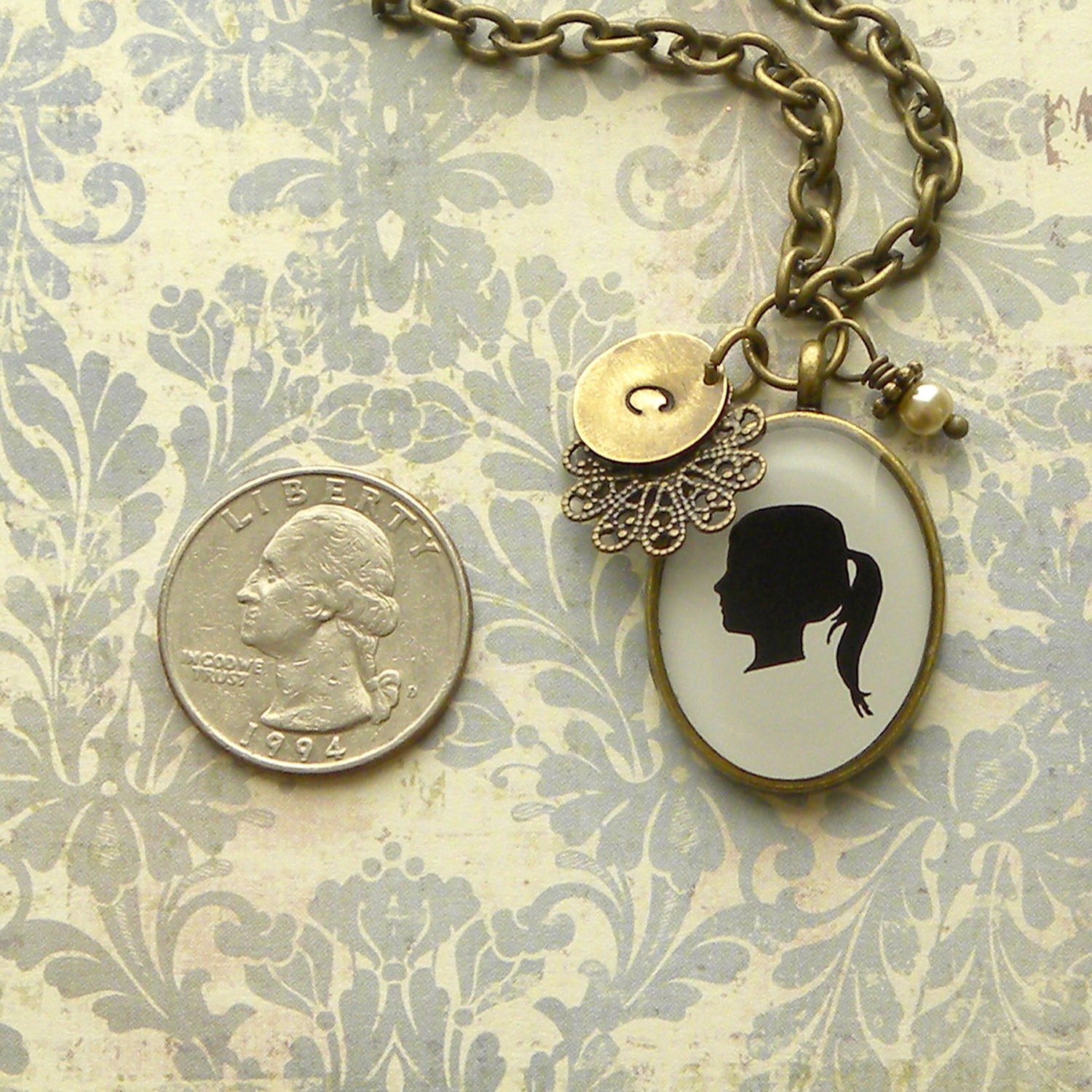 Custom Silhouette Necklace with Oval Pendant, Initial Charm and Pearl Dangle for Mother or Grandmother