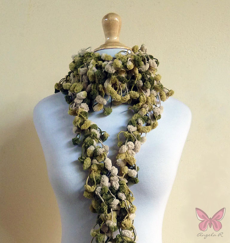 OLIVE MIX pompom scarf - chunky lariat - pom pom cocoon mulberry - womens accessories