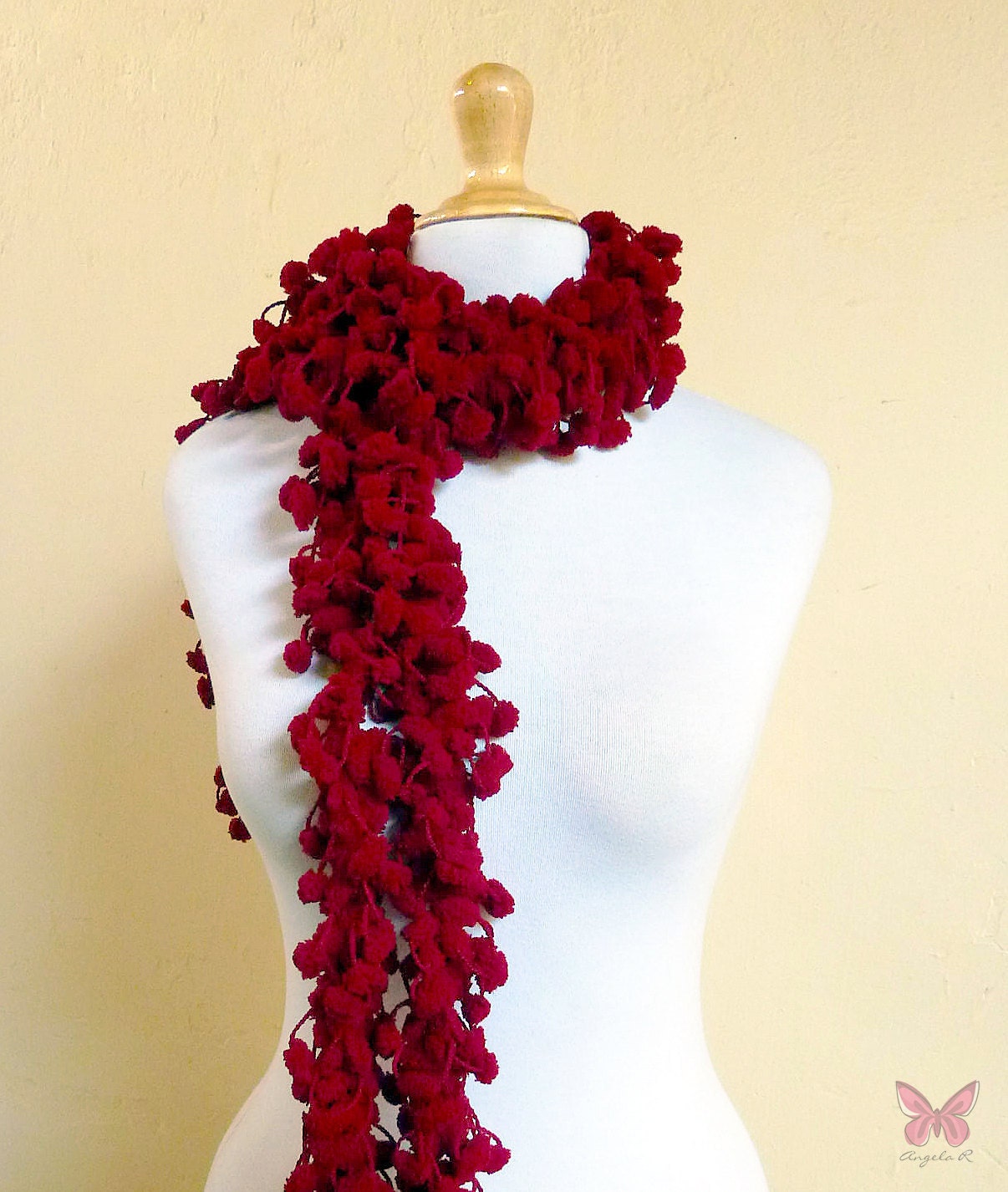 ITALIAN RED - pom pom scarf - long chunky lariat cocoon - Spring accessories crochet pompom