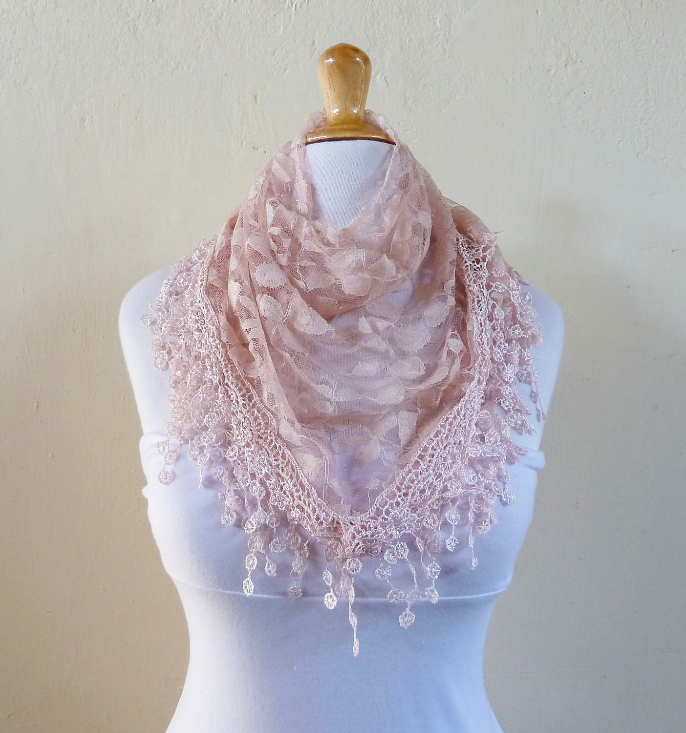 Womens scarf PEACH BEIGE with floral pattern and rich lace edge - scarflette shawl neckwarmer - Spring / Summer