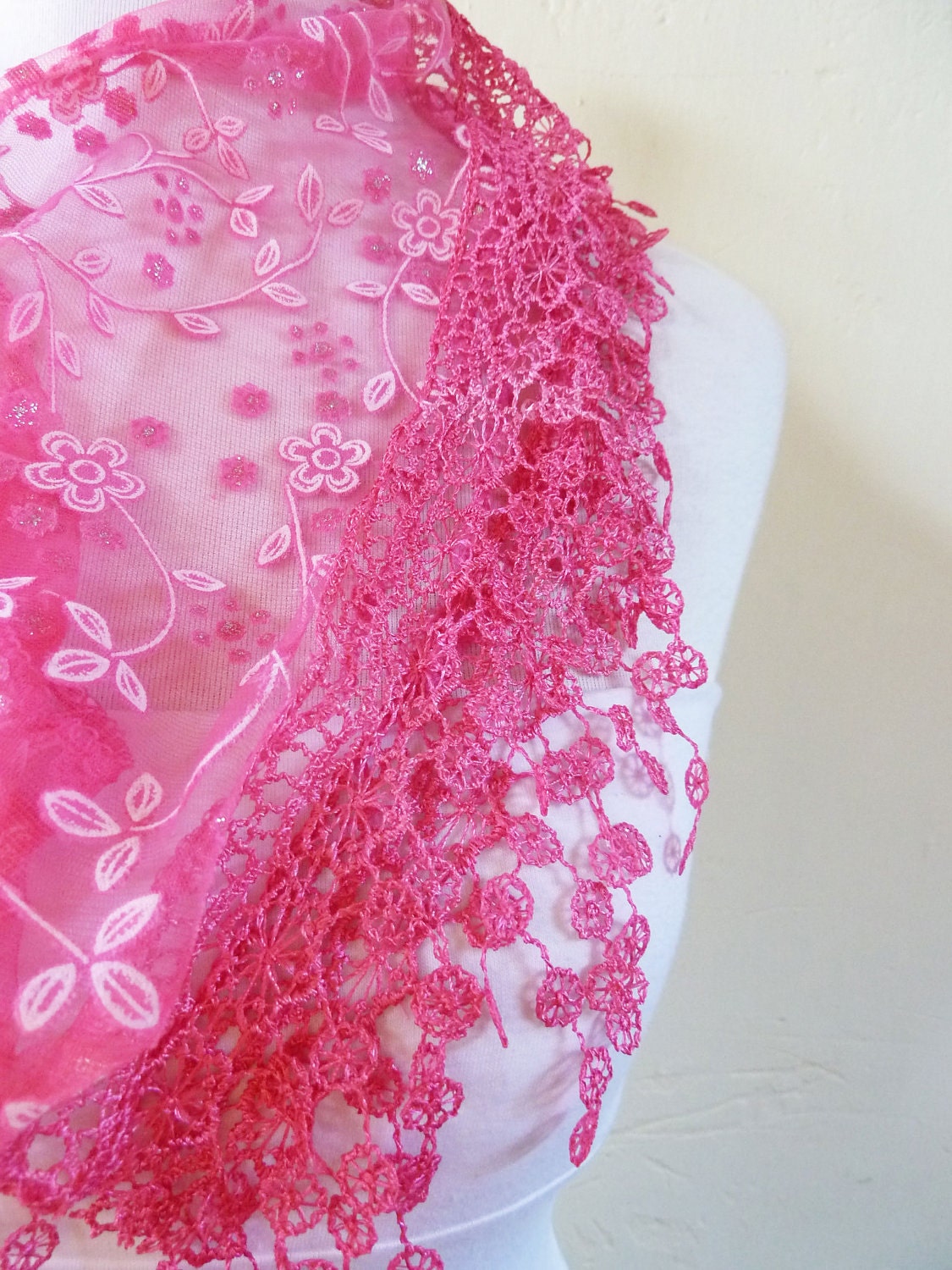 Womens scarf DEEP ROSE with floral print and rich lace edge - scarflette shawl neckwarmer - Spring / Summer
