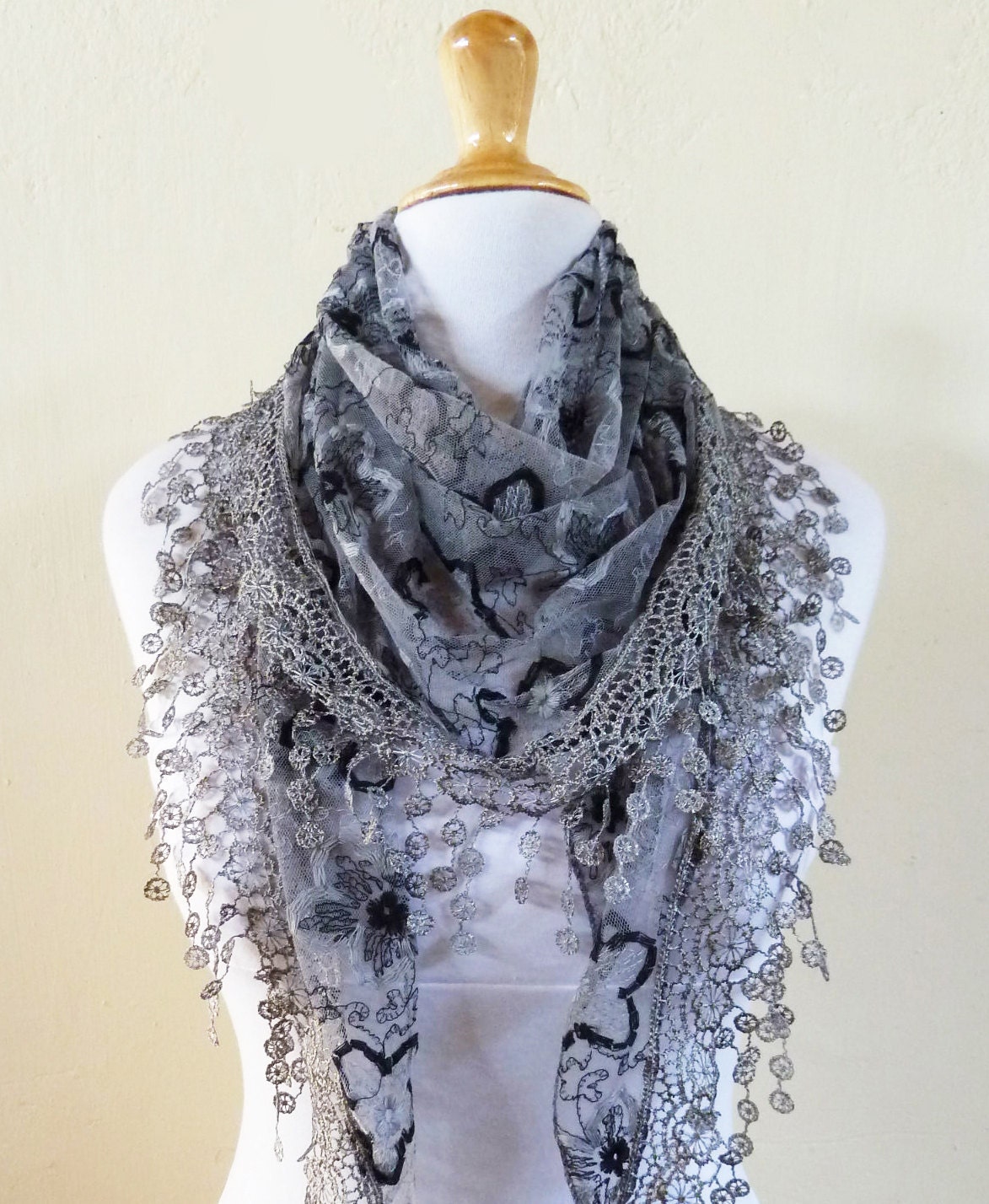 Womens scarf GRAY with Black/Gray floral embroidery and rich lace edge - scarflette shawl neckwarmer - Spring / Summer
