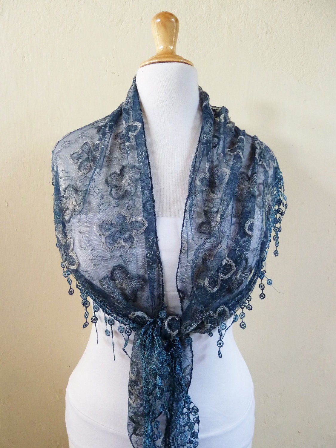 Womens scarf PETROL BLUE with floral embroidery and rich lace edge - scarflette shawl neckwarmer - Spring / Summer