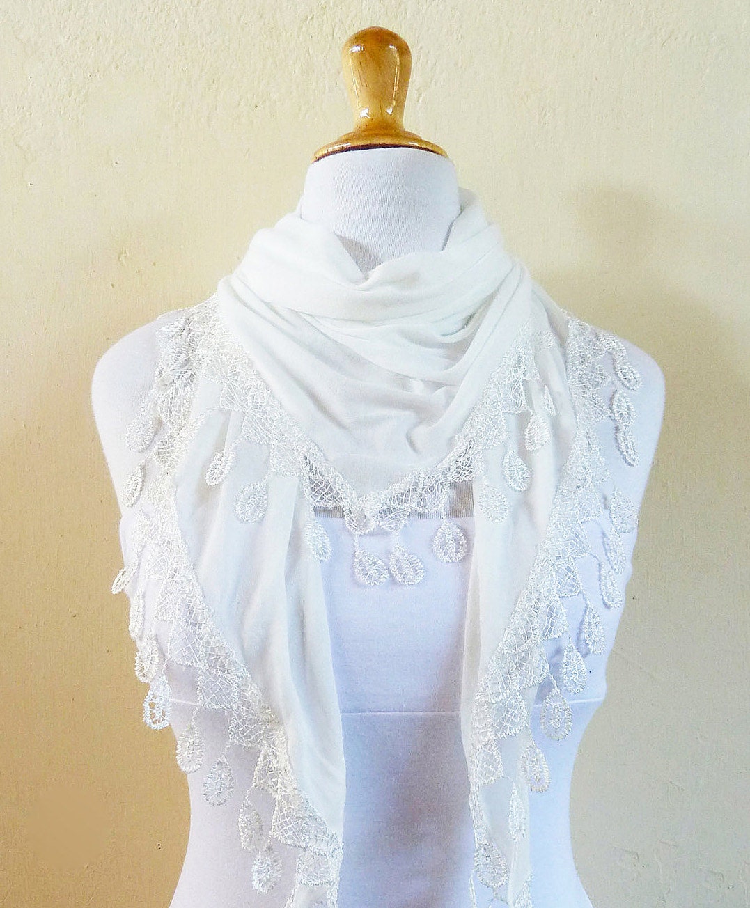 SALE - Cotton Scarf - WHITE with teardrop edge - scarflette cowl neckwarmer - Spring / Summer