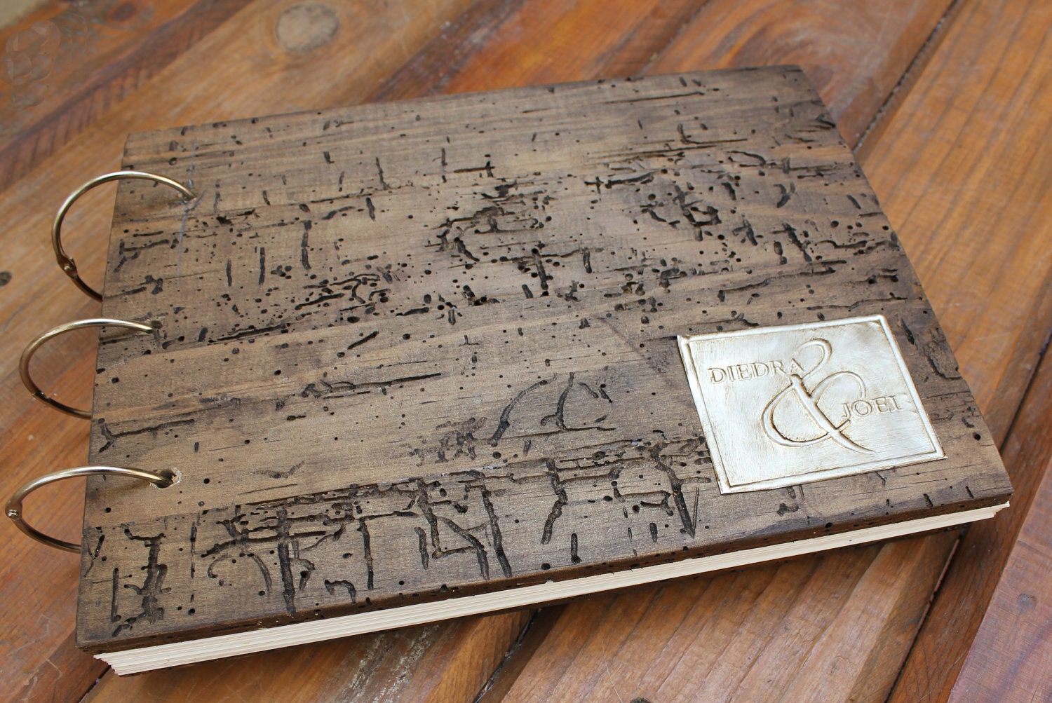 Personalized Wedding Guest Book made of Rustic Wood with embossed aluminum monogram in antique gold