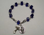 Wire Wrapped Sapphire Blue Cube Glass Rosary Bracelet