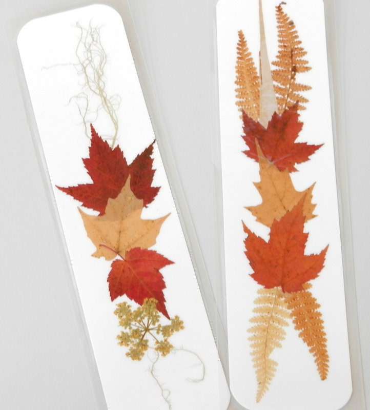 BOTANICAL FLOWER BOOKMARKS, Set of 2, Natural Pressed Materials, Fall Foliage Autumn Colors - MyHumbleJumble
