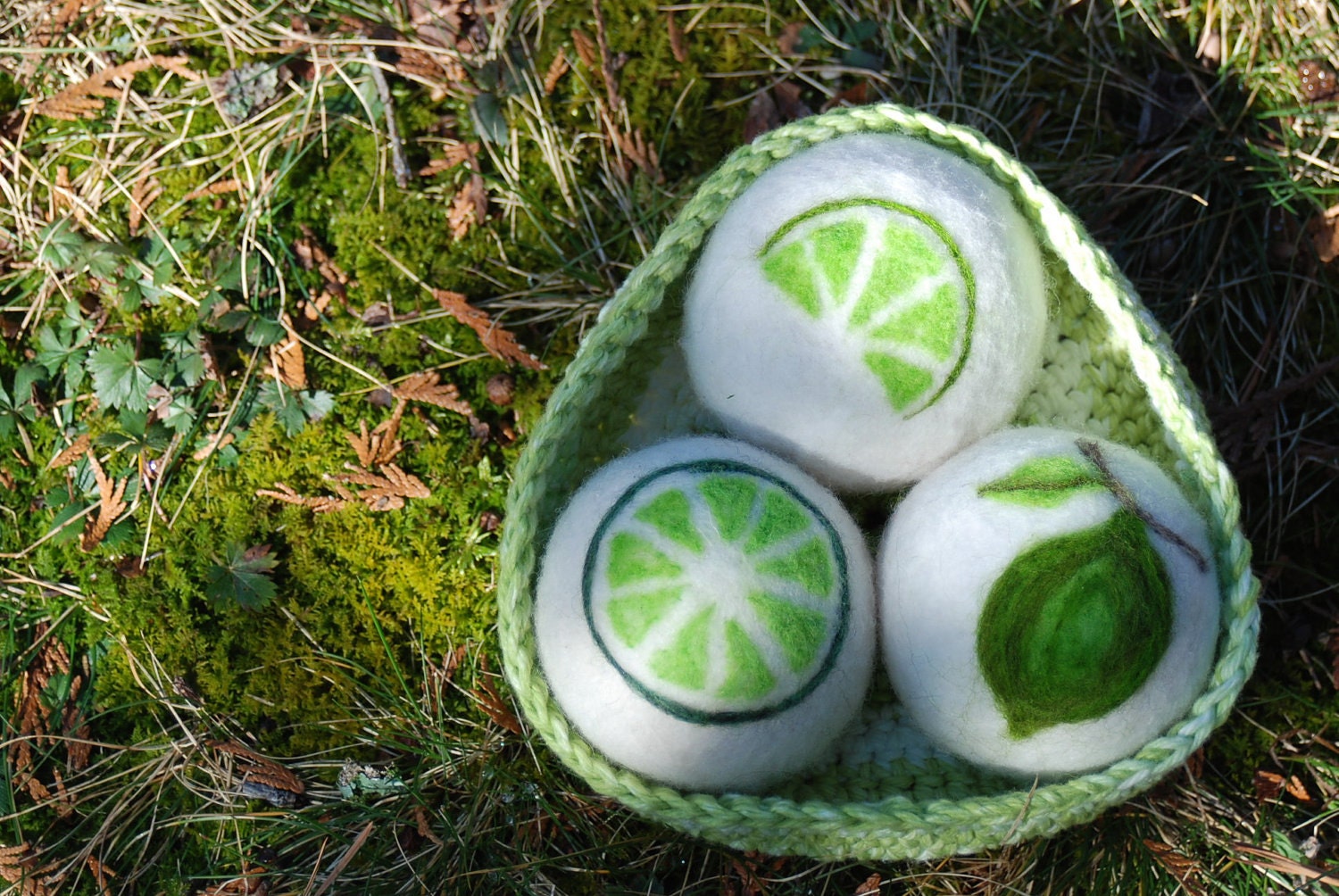 Spring Wool Dryer Balls Lime Infused Sachet Lime Green With Crocheted Cotton Bowl Eco Friendly Natural