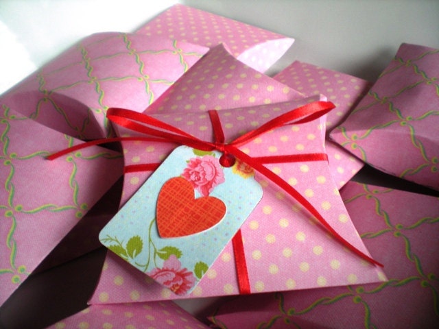 Valentines Pink Pillow Boxes-pink paper favor boxes, ribbon and tags, set of 10