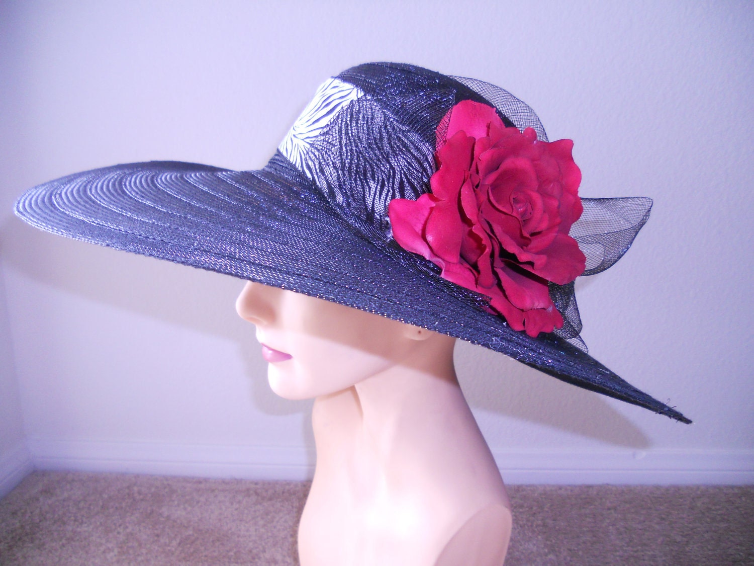 Derby Hat church hat dress hat church hat with black and white zebra band red rose