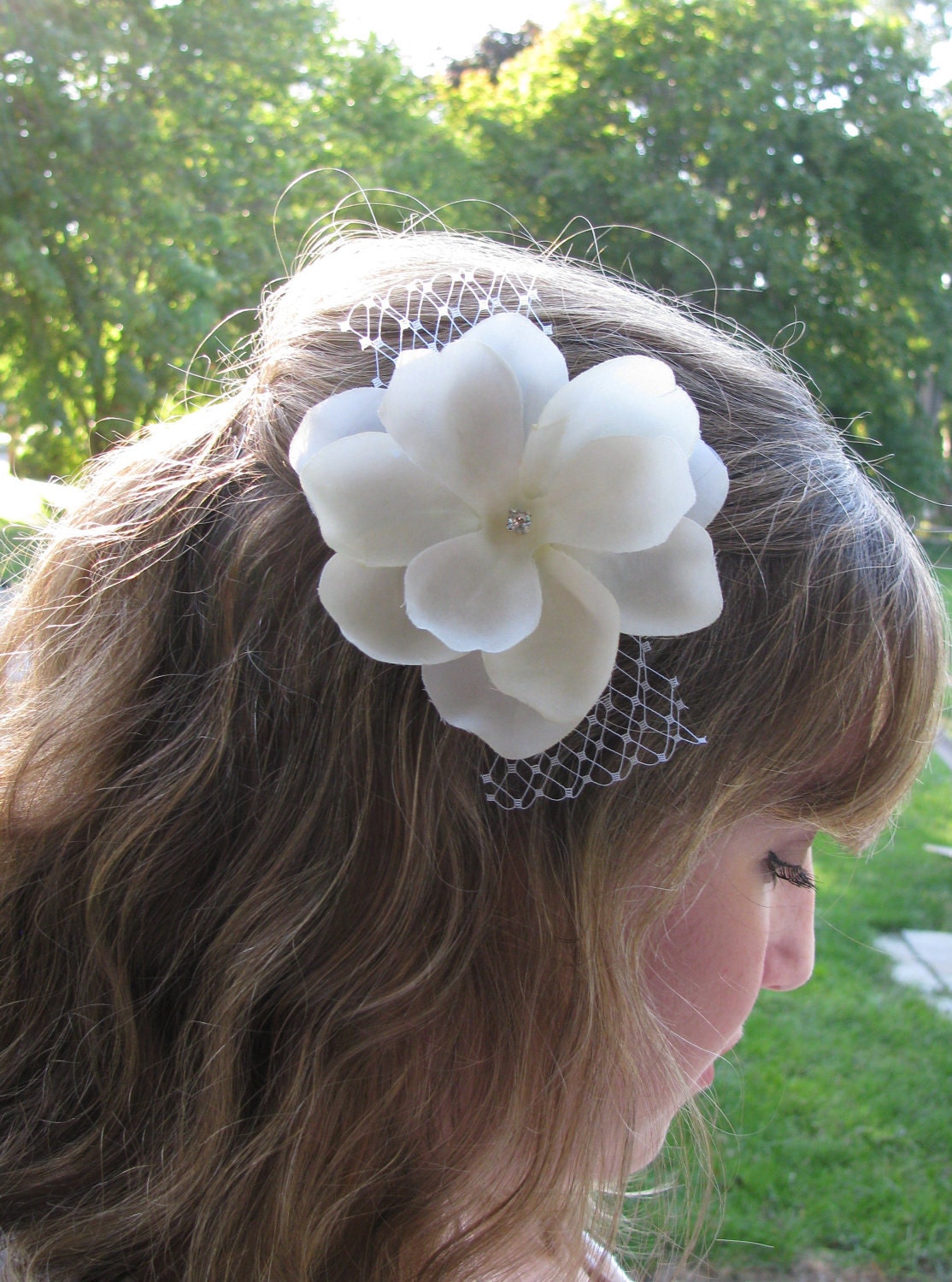 Ivory Hair Flower with French Veiling Bow - Fascinator Hair Clip