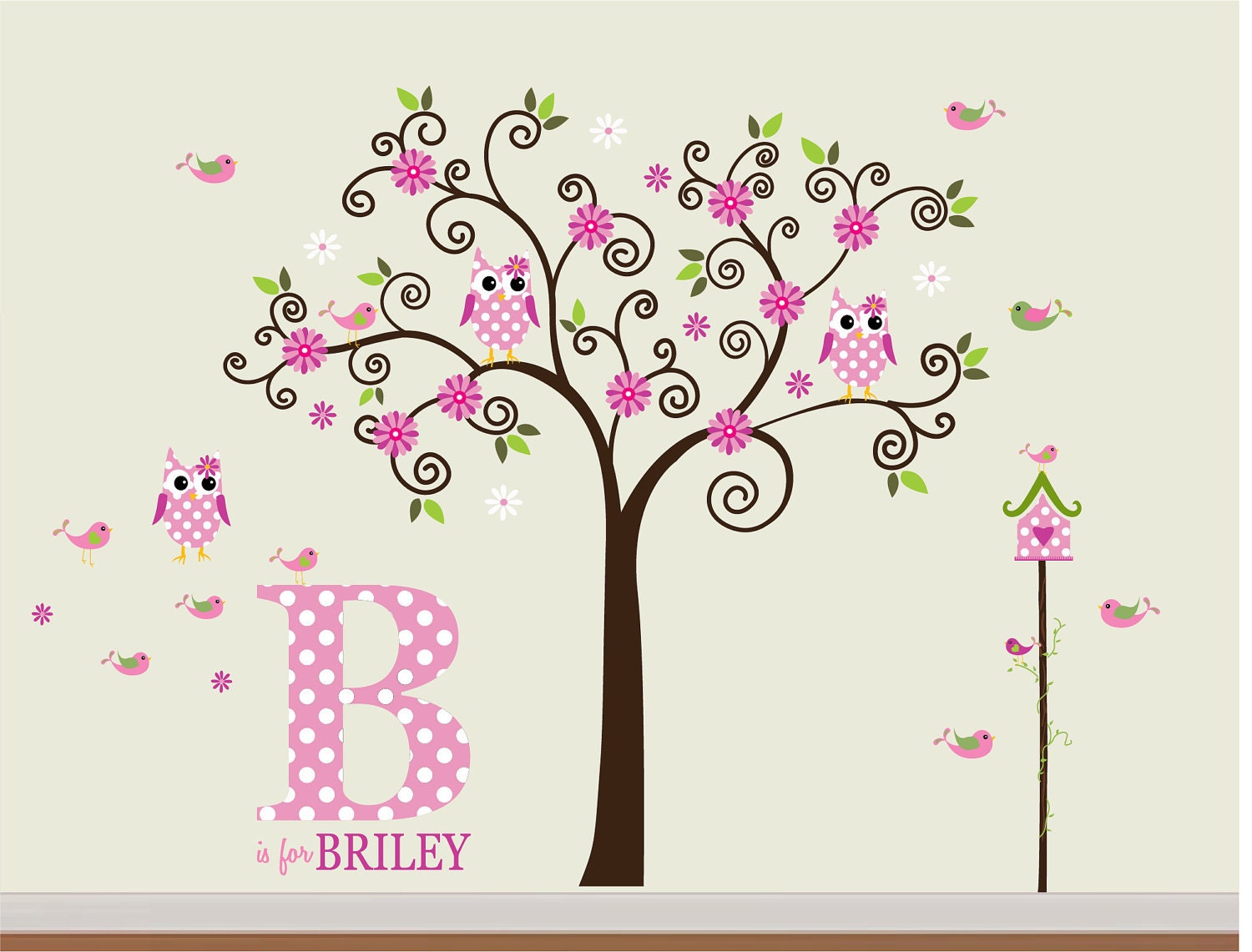 Children Wall Decal Curl Tree Vinyl Wall Decal with Pattern Owls and Birds