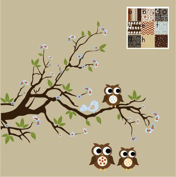 Baby Boys Wall Decals Nursery Branch Tree Decal with Flowers, Birds and Owl