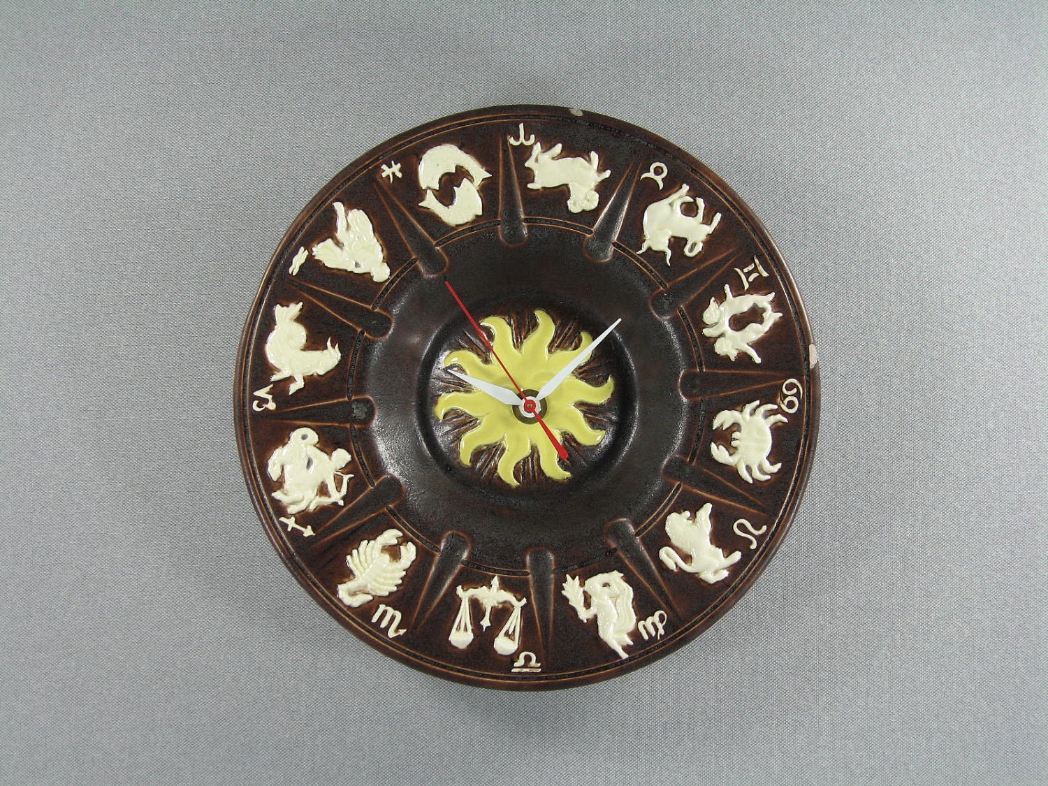 ZODIAC Wall Clock Hand made Vintage Upcycled Ceramic Ashtray Sun Stars Office Home Decor Clocks -- Free Priority Shipping Included
