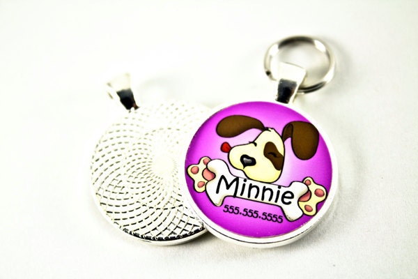 Cute Puppy Licking a Bone Pet Tag (Purple Color)