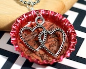 NEW ORLEANS - Destination: LOVE Personalized Map Resin Bottle Cap Pendant (Pink), Double Hearts Dangle Charm - Long Distance Relationship