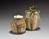 Shigaraki, anagama, ten-day anagama wood firing, with natural ash deposits tea caddy with ivory lid and clothes. chaire-28