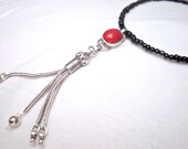 Tassel necklace - sterling silver necklace, black and red necklace, coral necklace, gothic, chic, burlesque