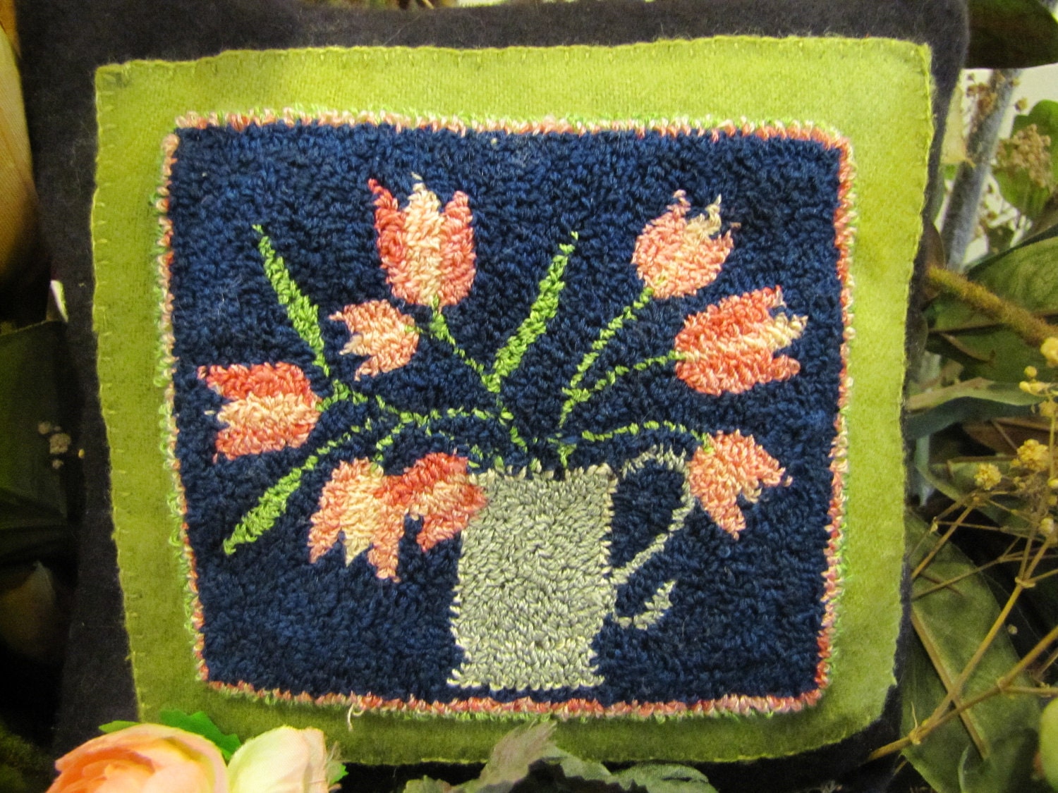 primitive punchneedle Pink Tulips in Tankard pillow