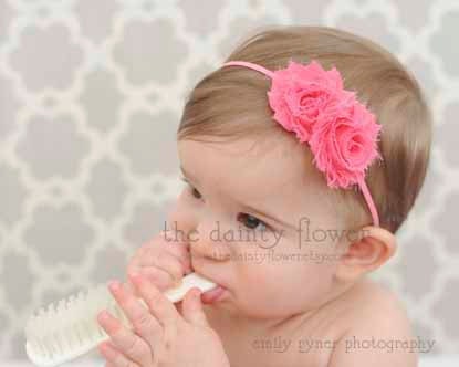 mini grace headband. two coral pink shabby chic flower headband.petti romper.