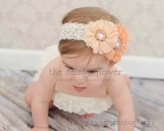 stella headband. two vintage shabby chic peach.orange flower.