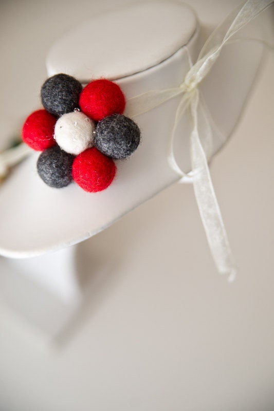 Felted flower pin brooch - Handmade scarlet red and gray felt beads with a white center - SuddenlyYou