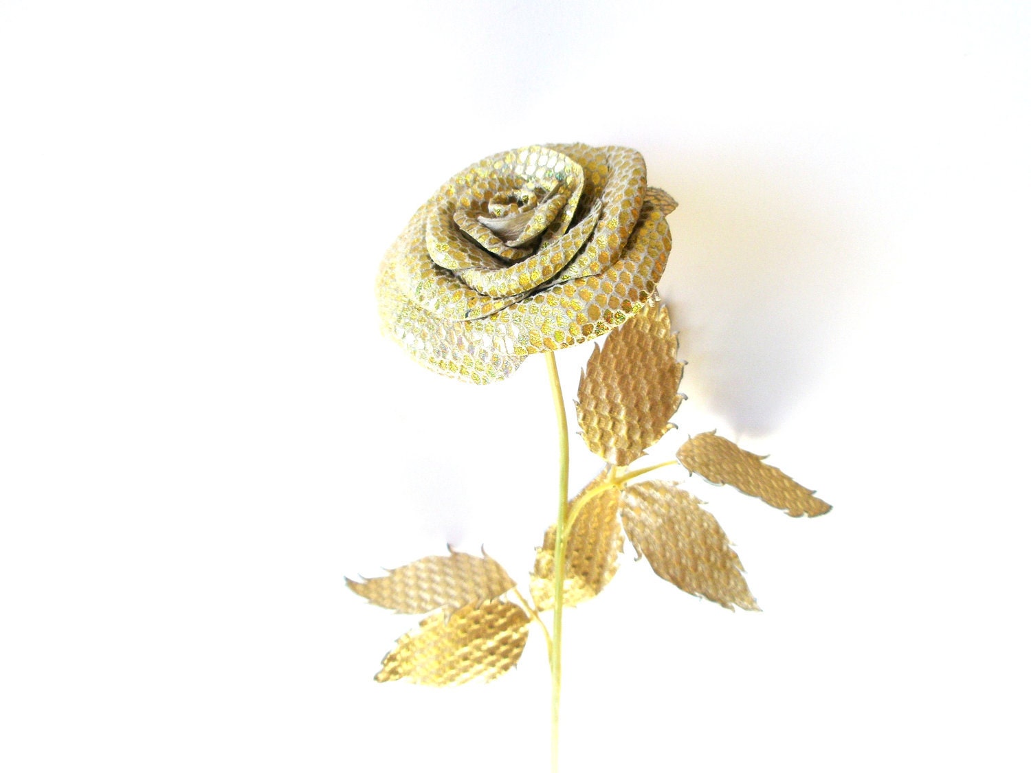 Gold flower- Leather rose- Wedding- 3rd Anniversary- Gift- Long Stem Flower- Valentines Day