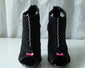 Black Cut Out Ankle Boots Silver Stilletto Heel Pin-Up girl Rock-n-Roll Booties