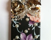 Bling Rhinestone Phone Case Jewel Bow iPhone 4/ 4S Retro Floral in Black
