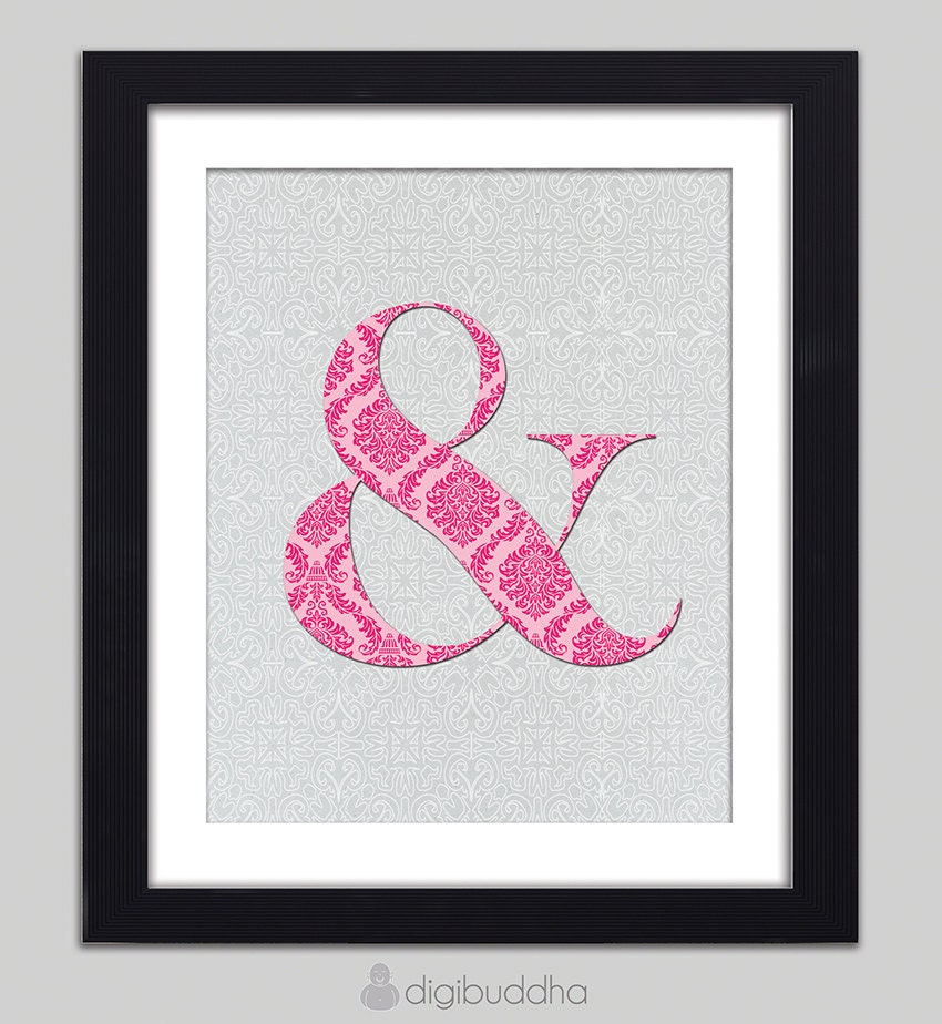 Ampersand Art Print Poster Typography Word Art Pink Gray Damask Wall Art 8x10 Quirky Type Font Poster Library Wall Decor Premium Print
