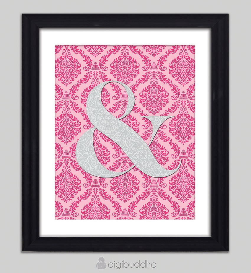 Ampersand Art Print Poster Typography Word Art Pink Gray Damask Wall Art 8x10 Quirky Type Font Poster Library Wall Decor Premium Print