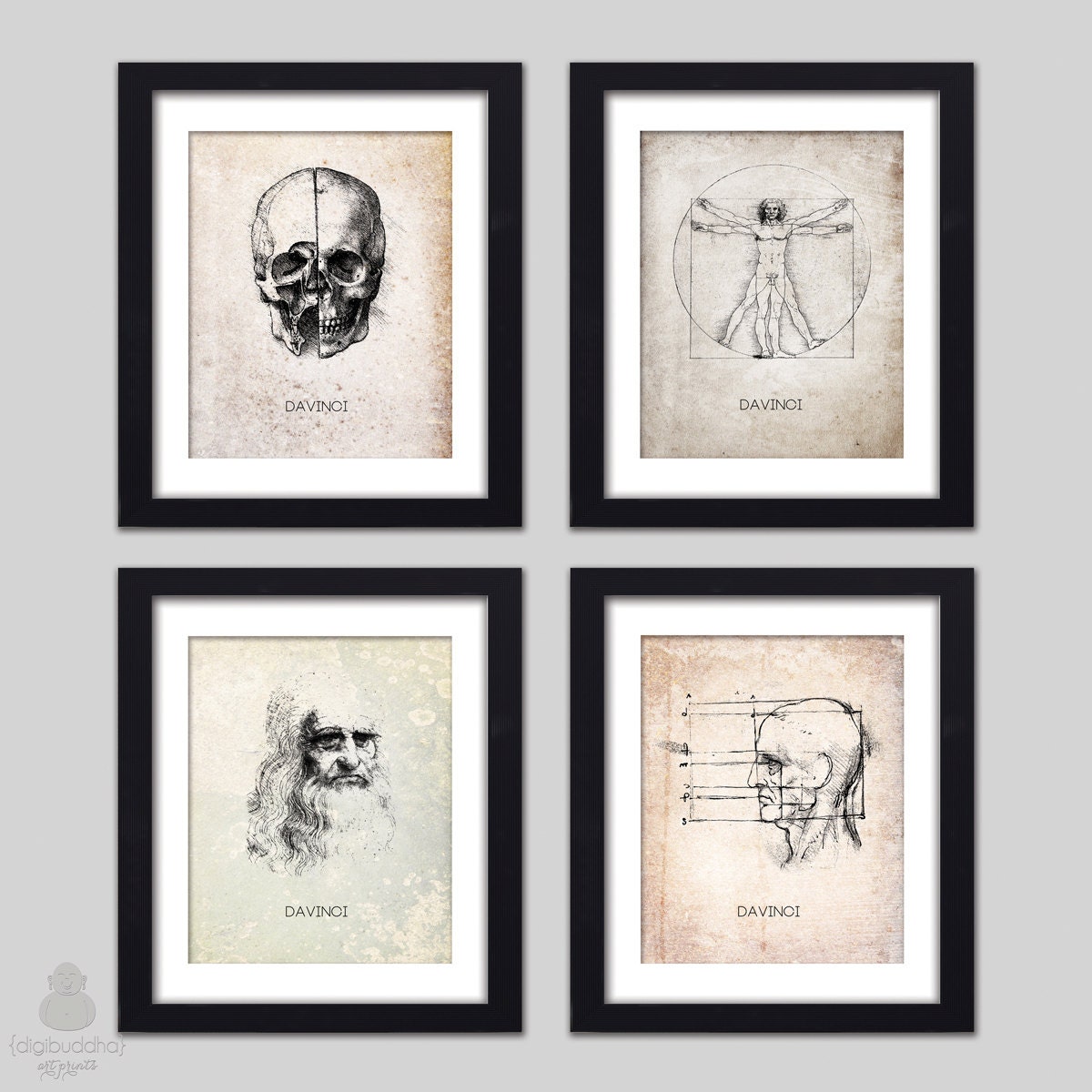 DaVinci Art Prints Set of 4 Old Man Self Portrait Skull Vitruvian Man Hand Drawn DaVinci Wall Art Prints Home Decor 8x10 Vintage Rustic Art