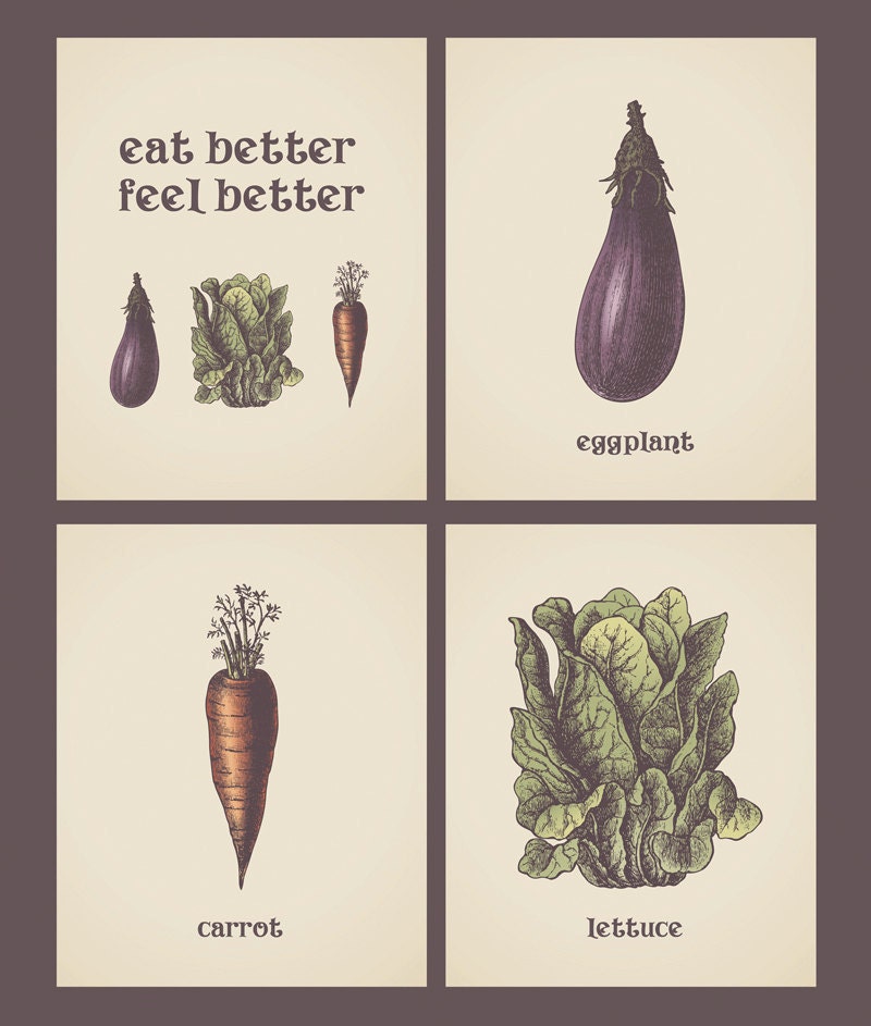 Eat Better Feel Better FULL Collection - ALL 4 PRINTS - Inspirational Rustic Wall Art Prints Poster 8x10 Vegetables