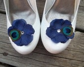 Shoe Clips - Navy Blue Flowers with  Peacock Feathers, rhinestones,  - set of 2, bridal wedding, special occasion