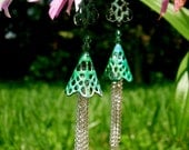 Verdigras Patina Filigree Silver Chain Tassel Earrings-MADE TO ORDER