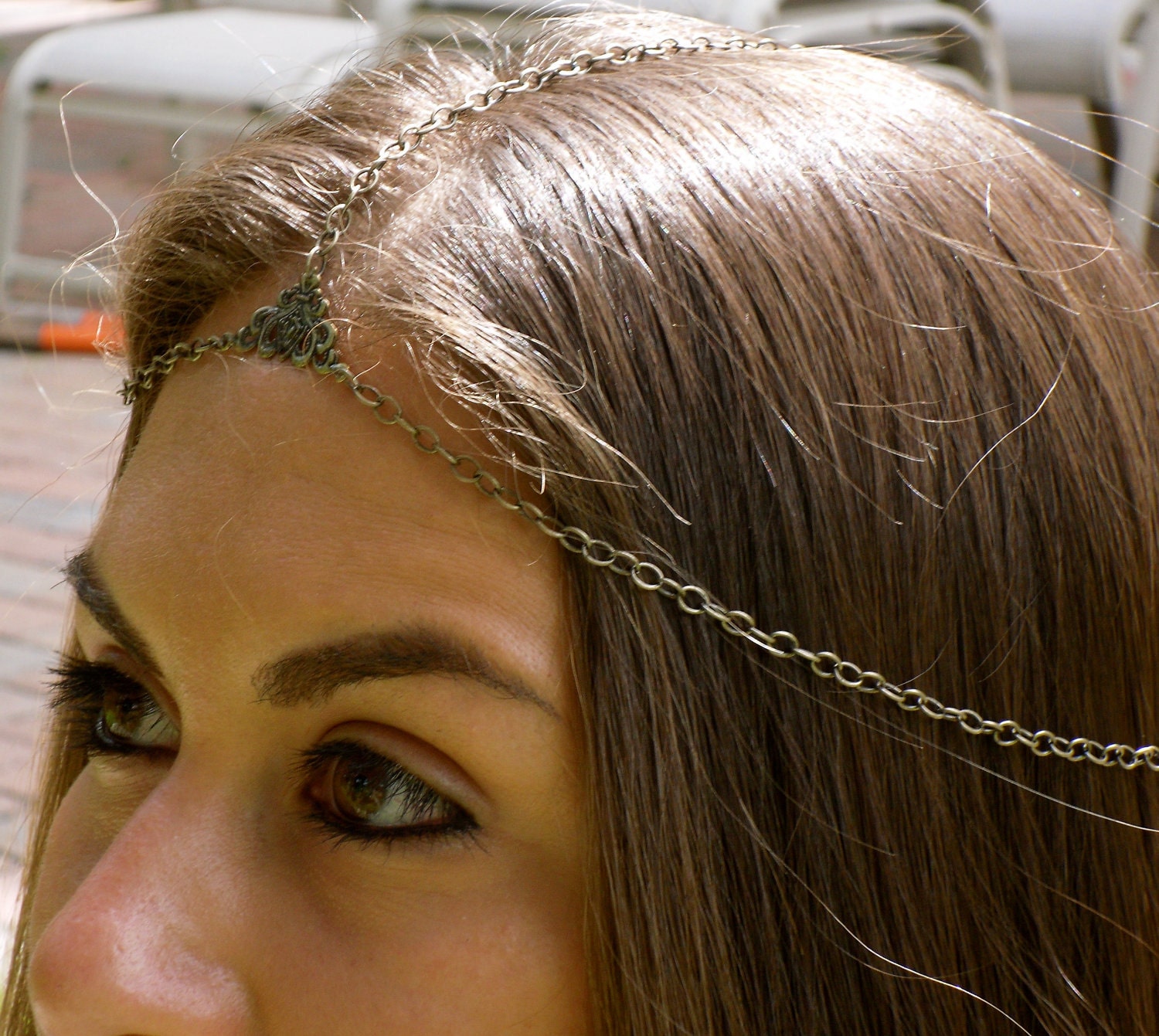 Headpiece with a brass chain and a filigree-styled triangle-Made to Order