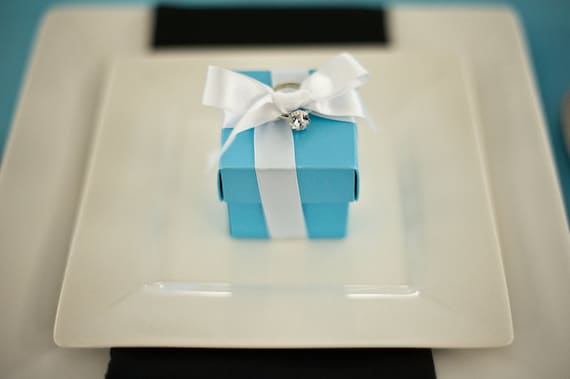 Tiffany Blue Wedding Favor Boxes WITH White Ribbon & Candy- Fully Assembled