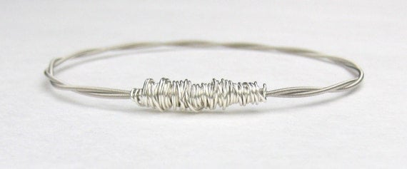 Silver Bangle Bracelet // Salvaged Guitar Strings & Sterling Silver Wire Wrap // Twisted Thin "D" String // Recycled Jewelry //Layering