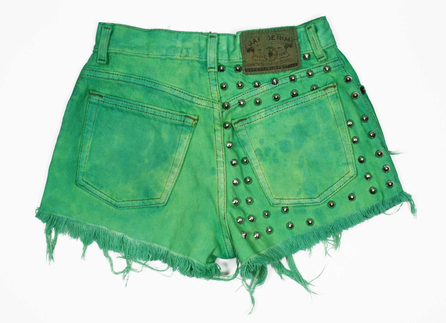 High Waisted, Dyed Hyper Vibrant Green, Conical Studded Denim Cutoff Shorts