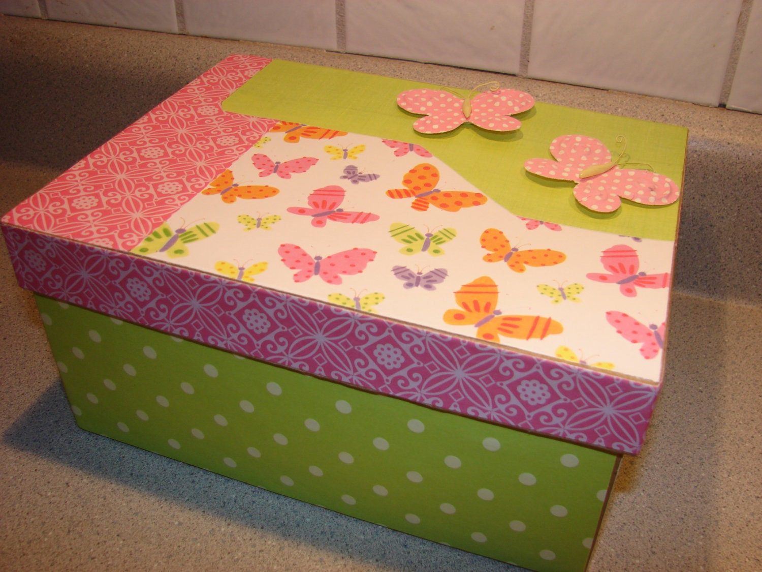 Girl Butterfly Memory or Keepsake Box - Papier Mache box with butterfly, polka dot, stripe, and solid print papers and 3 D Butterflies